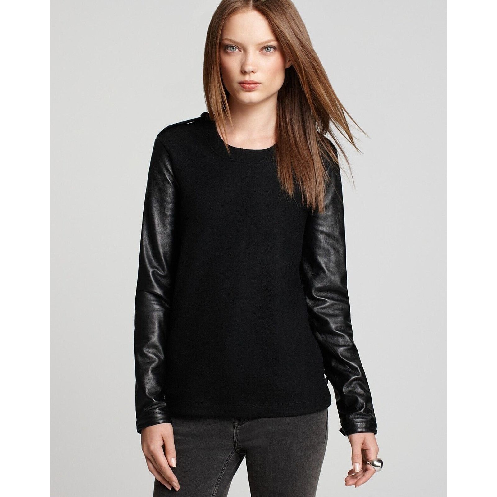 Burberry AUTHENTIC Burberry Black Wool Leather Sleeves Sweater Medium Size M / US 6-8 / IT 42-44 - 1 Thumbnail