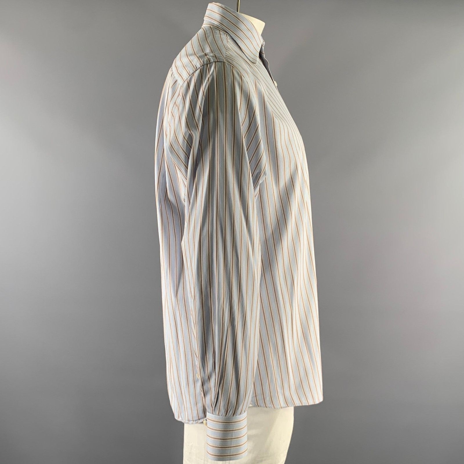 Finamore FINAMORE XL Blue White Brown Stripe Cotton Long Sleeve Shirt Size US XL / EU 56 / 4 - 3 Thumbnail