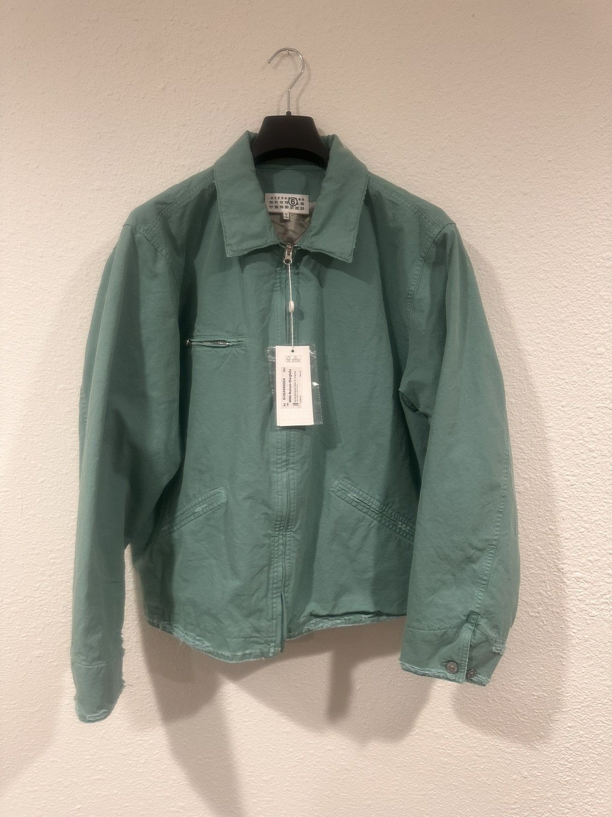 Maison Margiela Mm6 Margiela turquoise distressed canvas workwear jacket 52  | Grailed