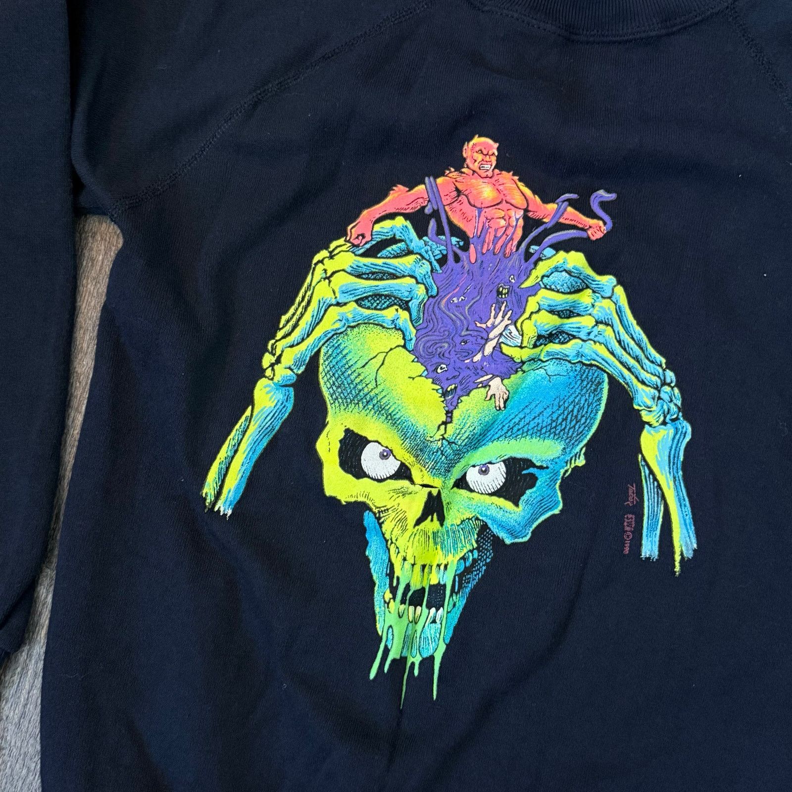 Vintage Vintage 1990 Pannill Neon Skull Sweatshirt Graphic Size US XS / EU 42 / 0 - 2 Thumbnail