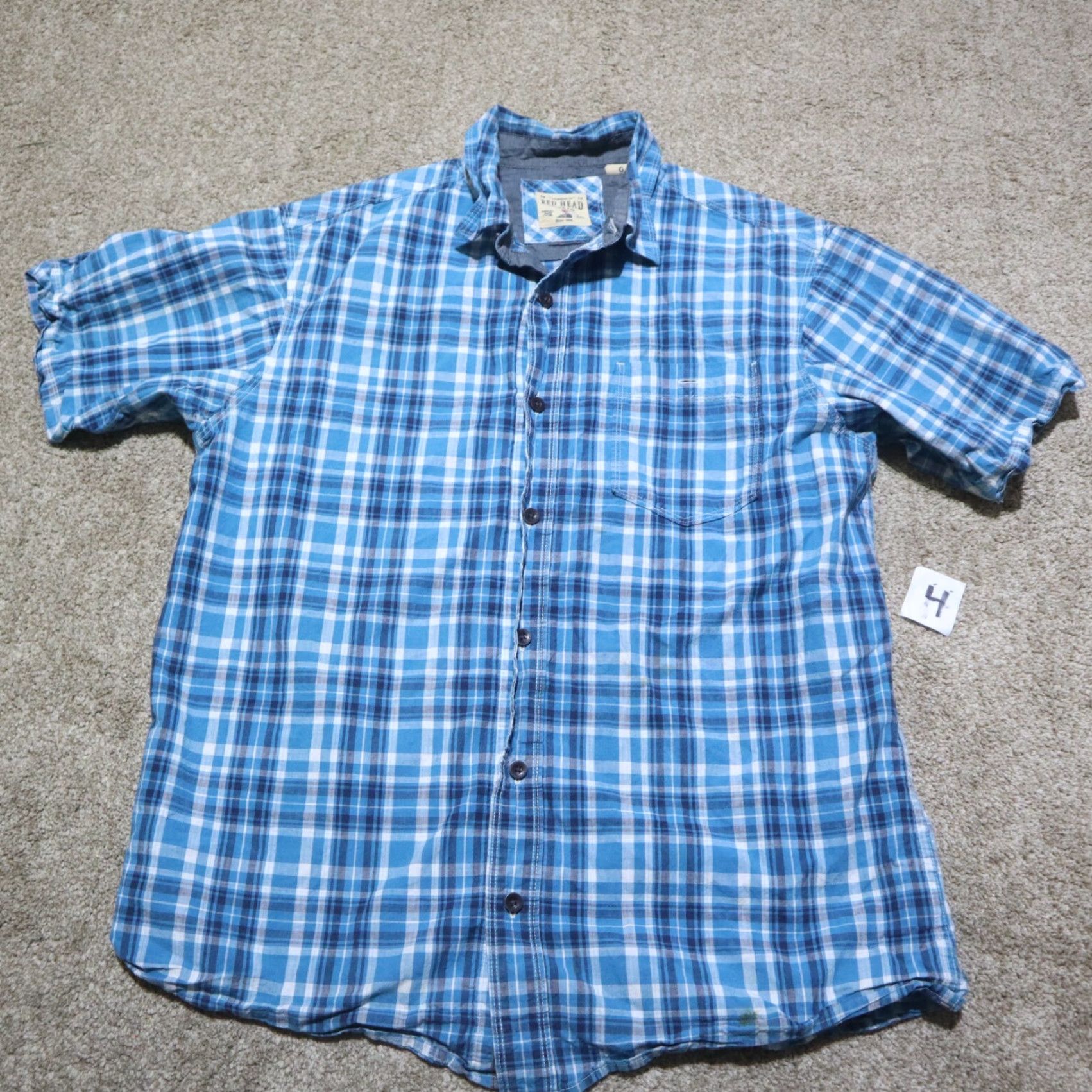 Vintage Red Head Shirt Button-Up Plaid Blue Short Sleeve Cotton Adult L Large Mens Size US L / EU 52-54 / 3 - 2 Thumbnail