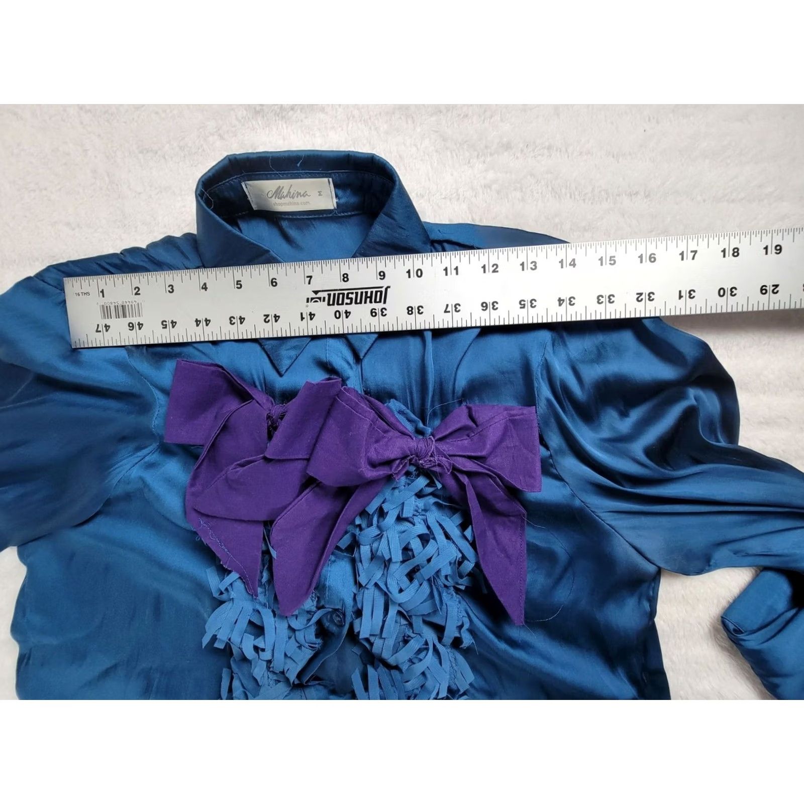 Vintage Mahina Womens Silky Blue Purple Bow & Fringe Blouse Top Medium Long Sleeve Boho Size M / US 6-8 / IT 42-44 - 5 Thumbnail
