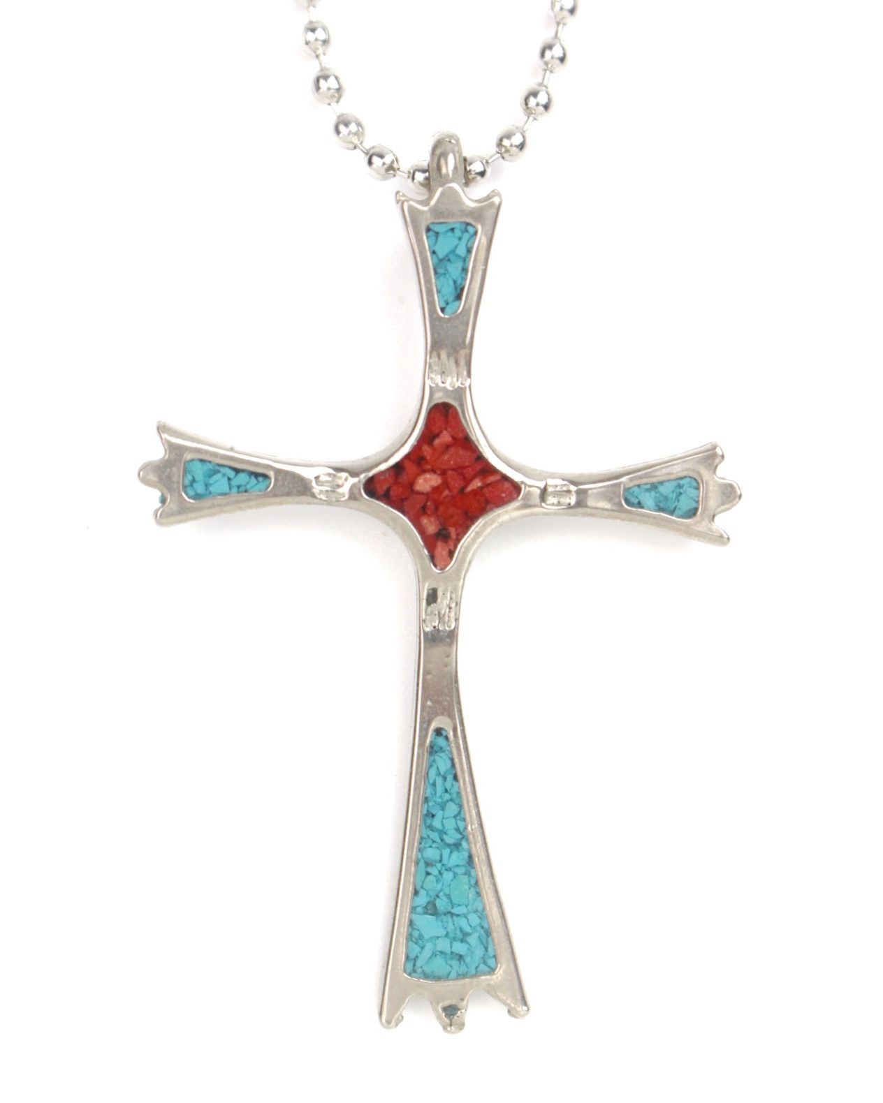 Vintage 2000S TURQUOISE & RED CORAL INLAY CROSS PENDANT NECKLACE Size ONE SIZE - 1 Thumbnail
