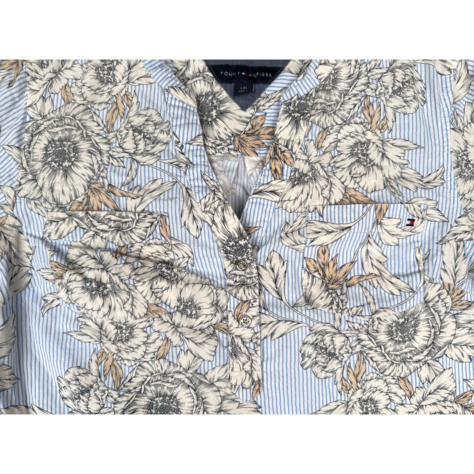 Tommy Hilfiger Tommy Hilfiger Shirt Women L Blue Beige Floral Stripe 3/4 Bell Sleeve Cotton Knit Logo Button Casual All Seasons Size L / US 10 / IT 46 - 6 Thumbnail