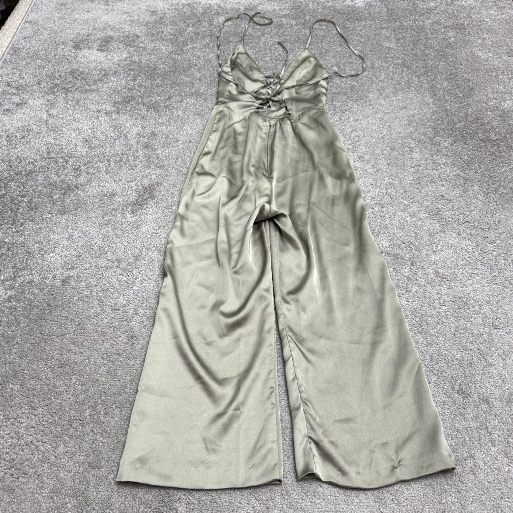 Vintage Tiger Mist Satin Lace Up Wide Leg Jumpsuit Womens XS Sage Green Party Size 26" / US 2 / IT 38 - 2 Thumbnail