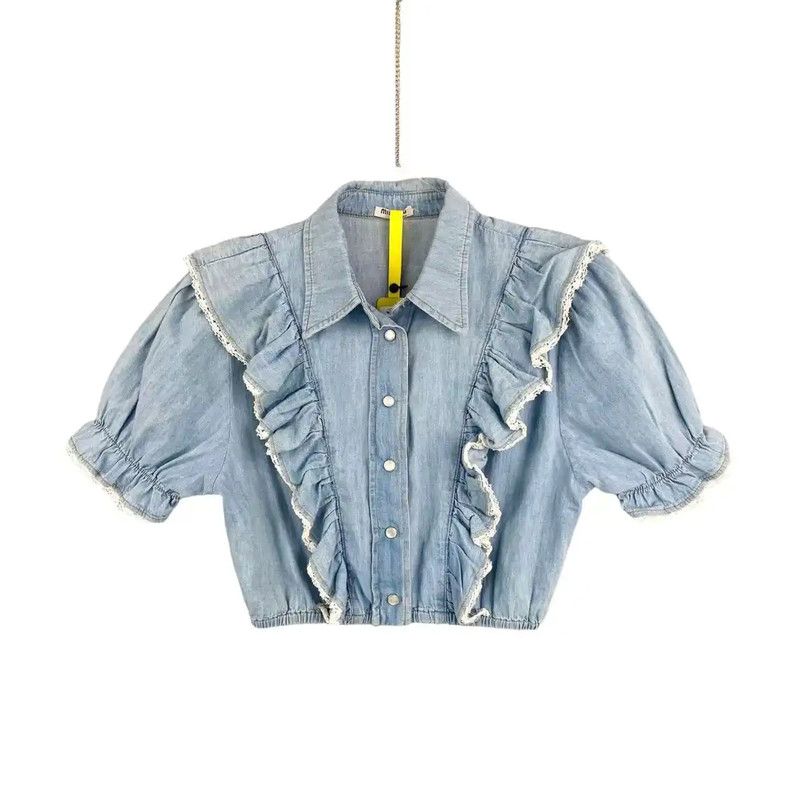Miu Miu Blue Cotton Ruffled T-Shirt 0089