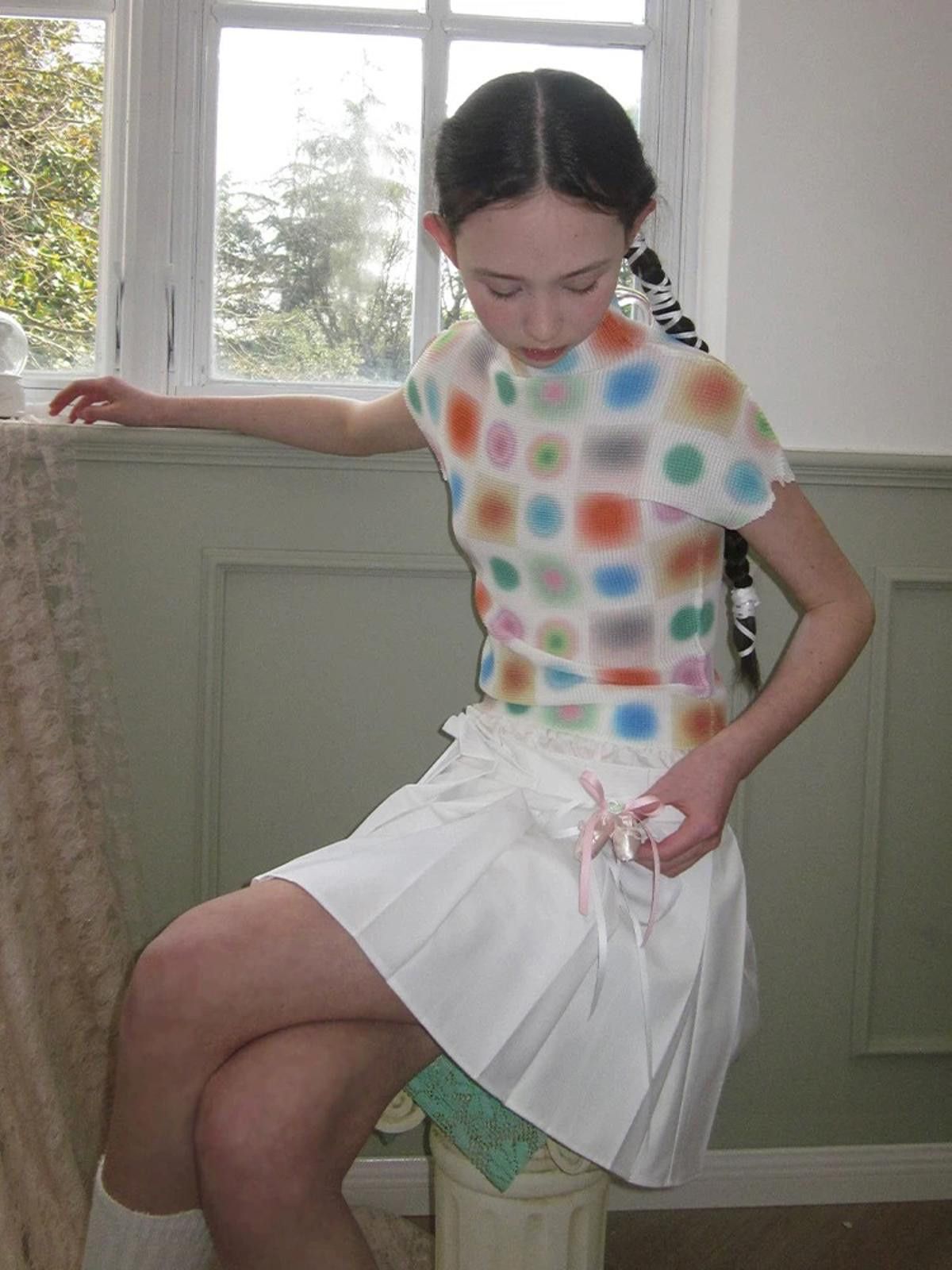 Japanese Brand Multicolor Blurred Dot Plissé Top | Pleated Mock Neck Size ONE SIZE - 4 Thumbnail