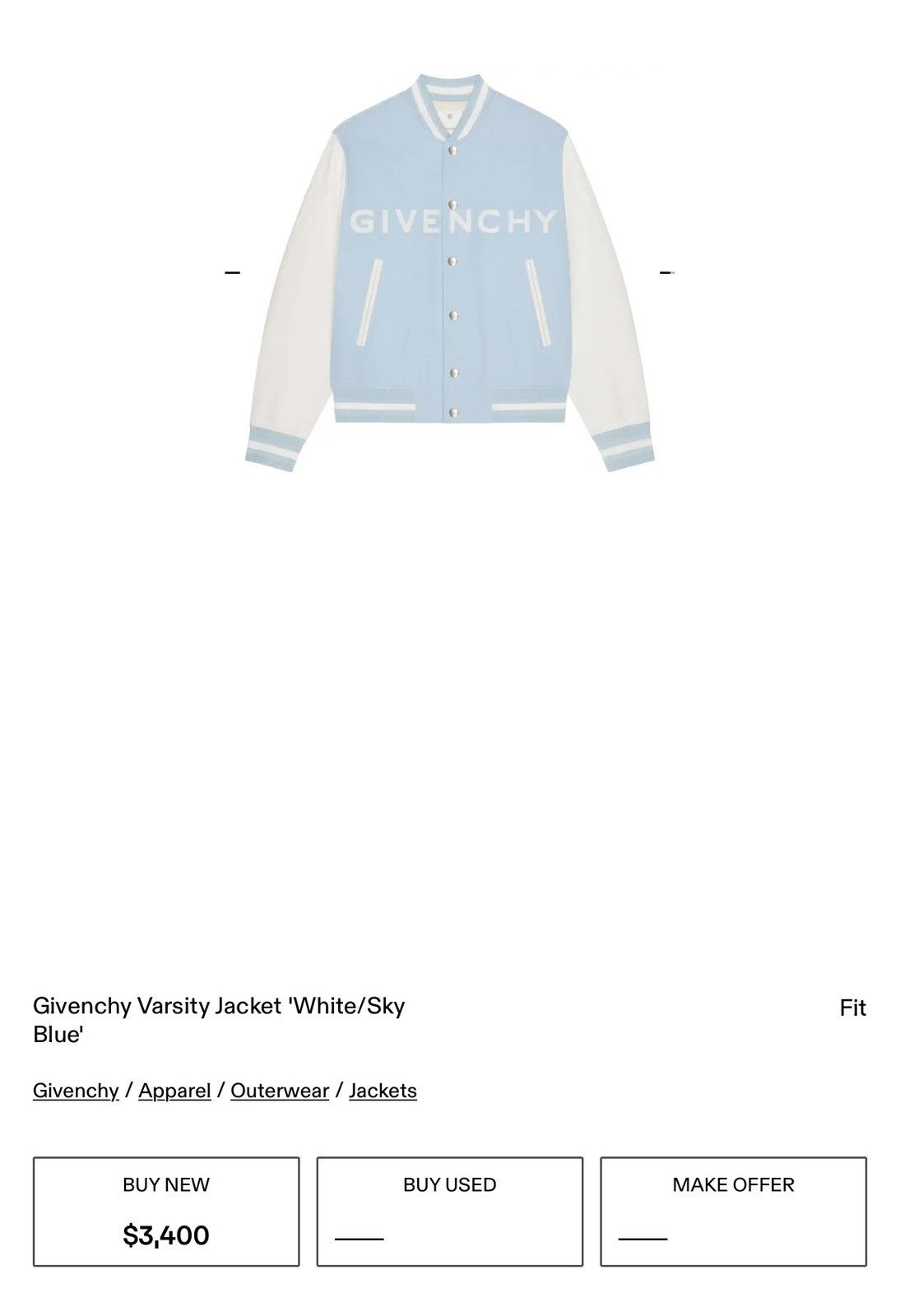 Givenchy Sky Blue Varsity Bomber NEW WITH TAGS Size US XL / EU 56 / 4 - 2 Thumbnail