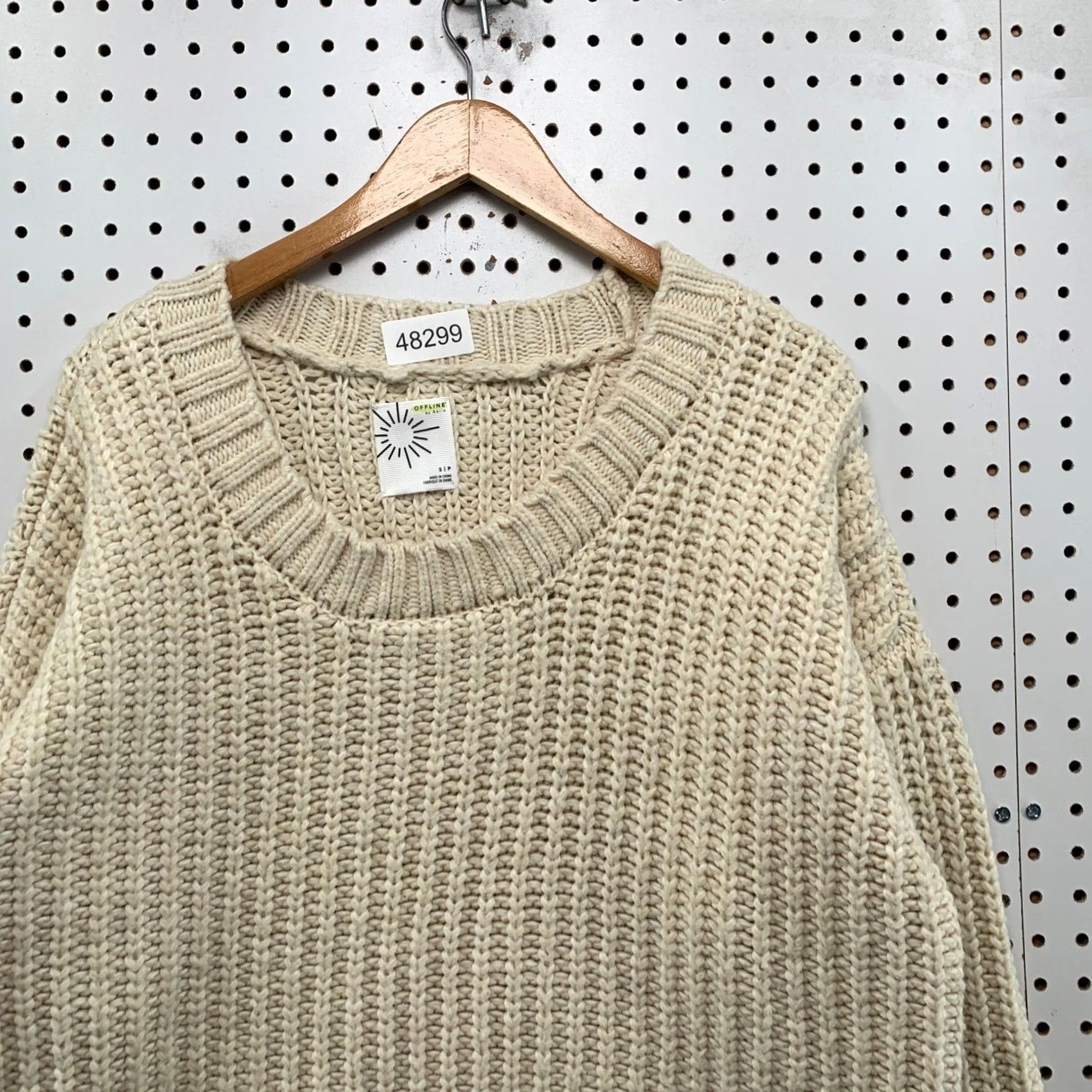 Vintage OFFLINE by Aerie Sweater Women S Cream Ivory Chunky Knit Crewneck/Heavy Ribbed Knit Pullover Oversized Casual Winter Size S / US 4 / IT 40 - 5 Thumbnail
