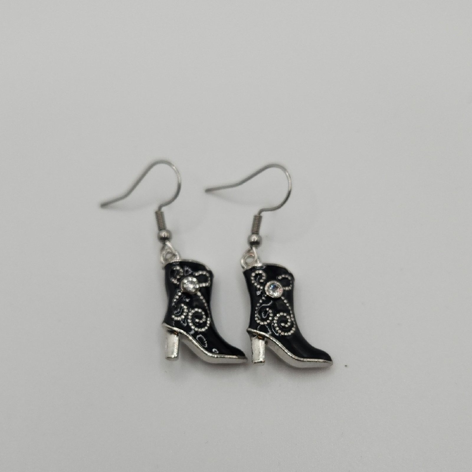 Other Handmade Black Silver Western Boot Dangle Earrings Size ONE SIZE - 1 Thumbnail