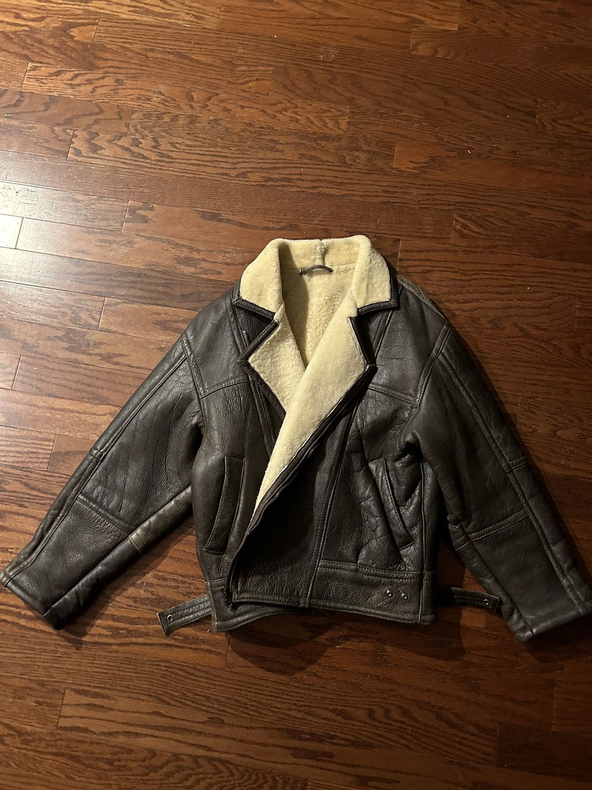 image of Vintage Real Sheepskin Pilot Bomber in Brown, Men's (Size Large)