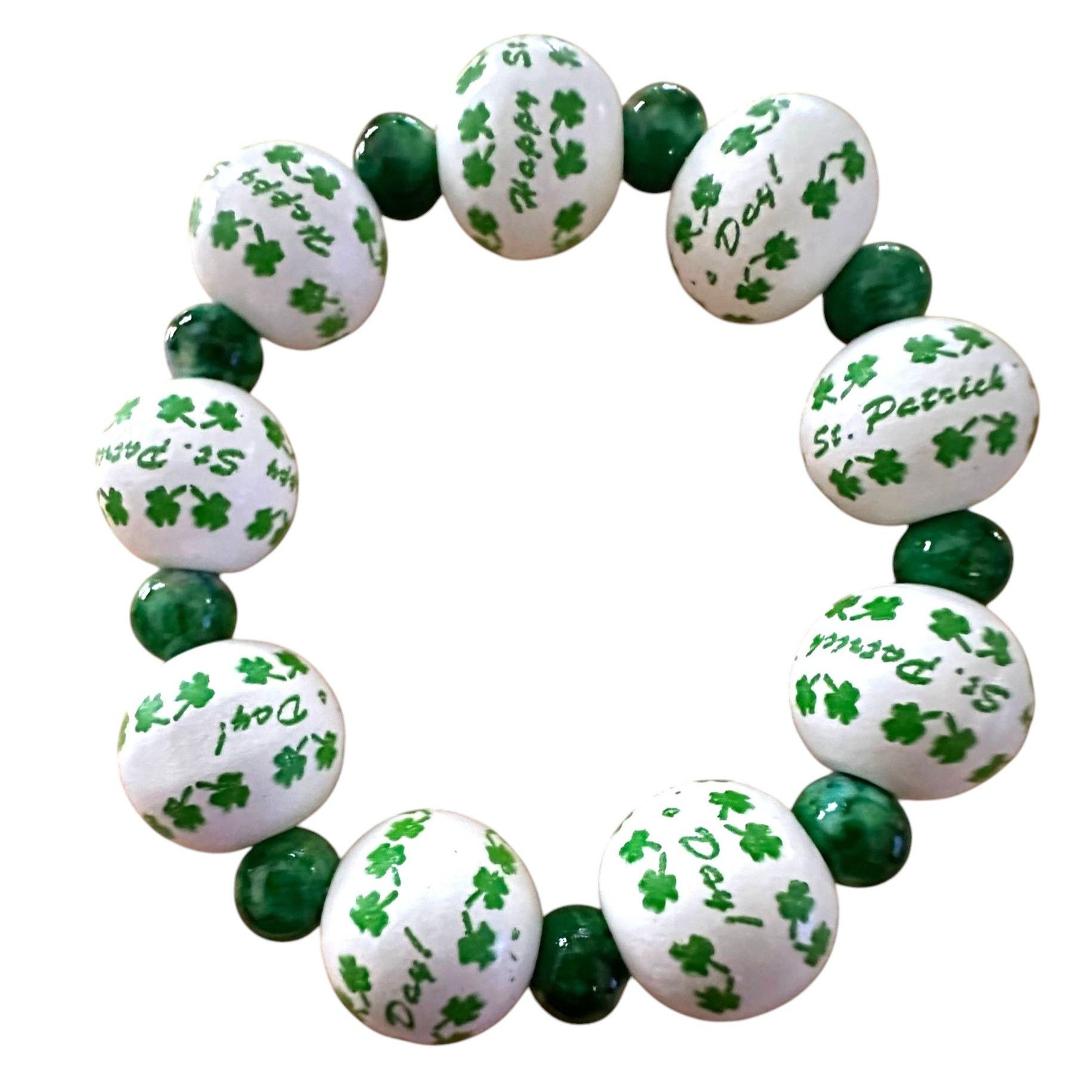 Handmade Happy St Patricks Day Shamrock Wood Beaded Stretch Bracelet Size ONE SIZE - 9 Thumbnail
