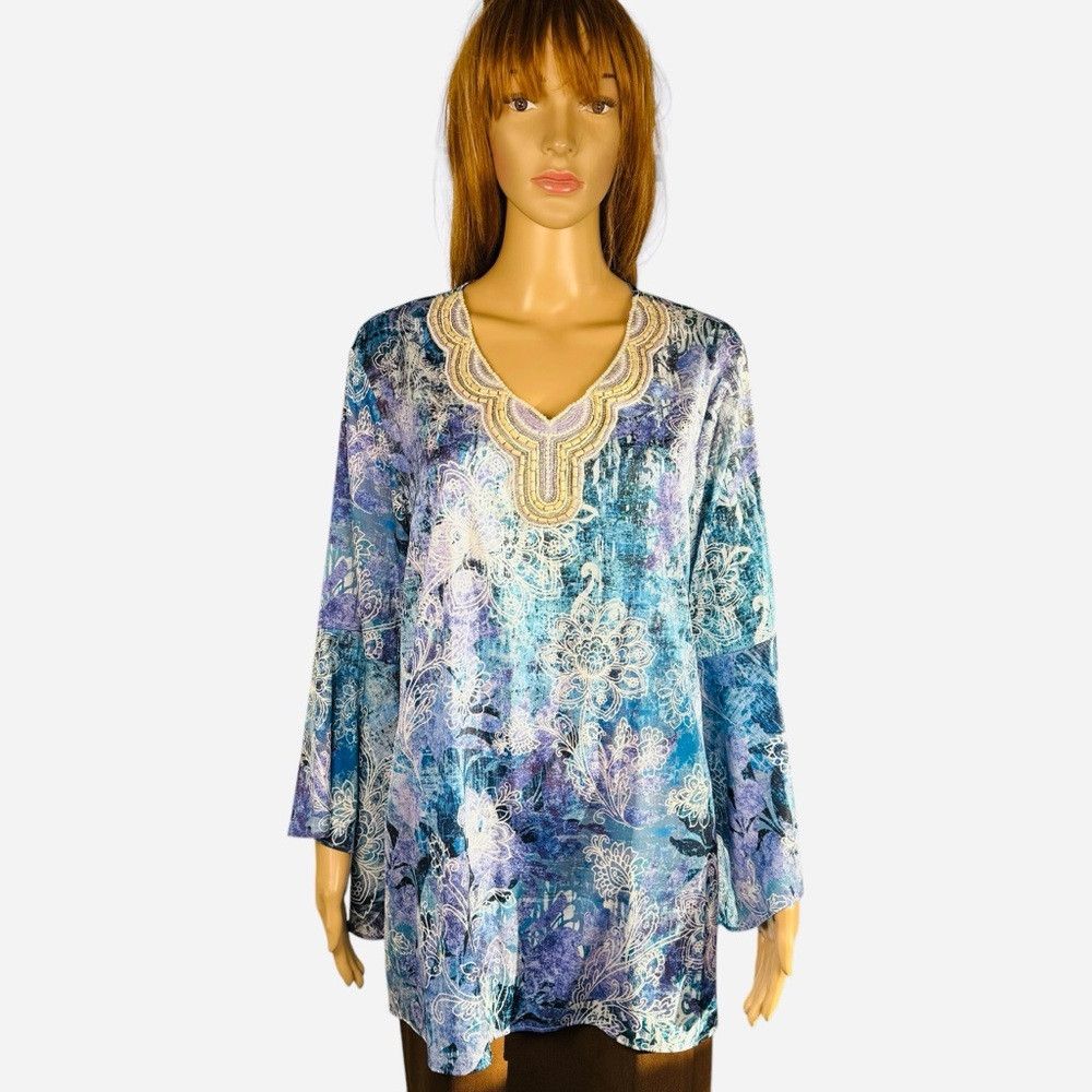 Other New Susan Graver Artisan Printed Charmeuse Blue Tunic Size Size L / US 10 / IT 46 - 1 Thumbnail