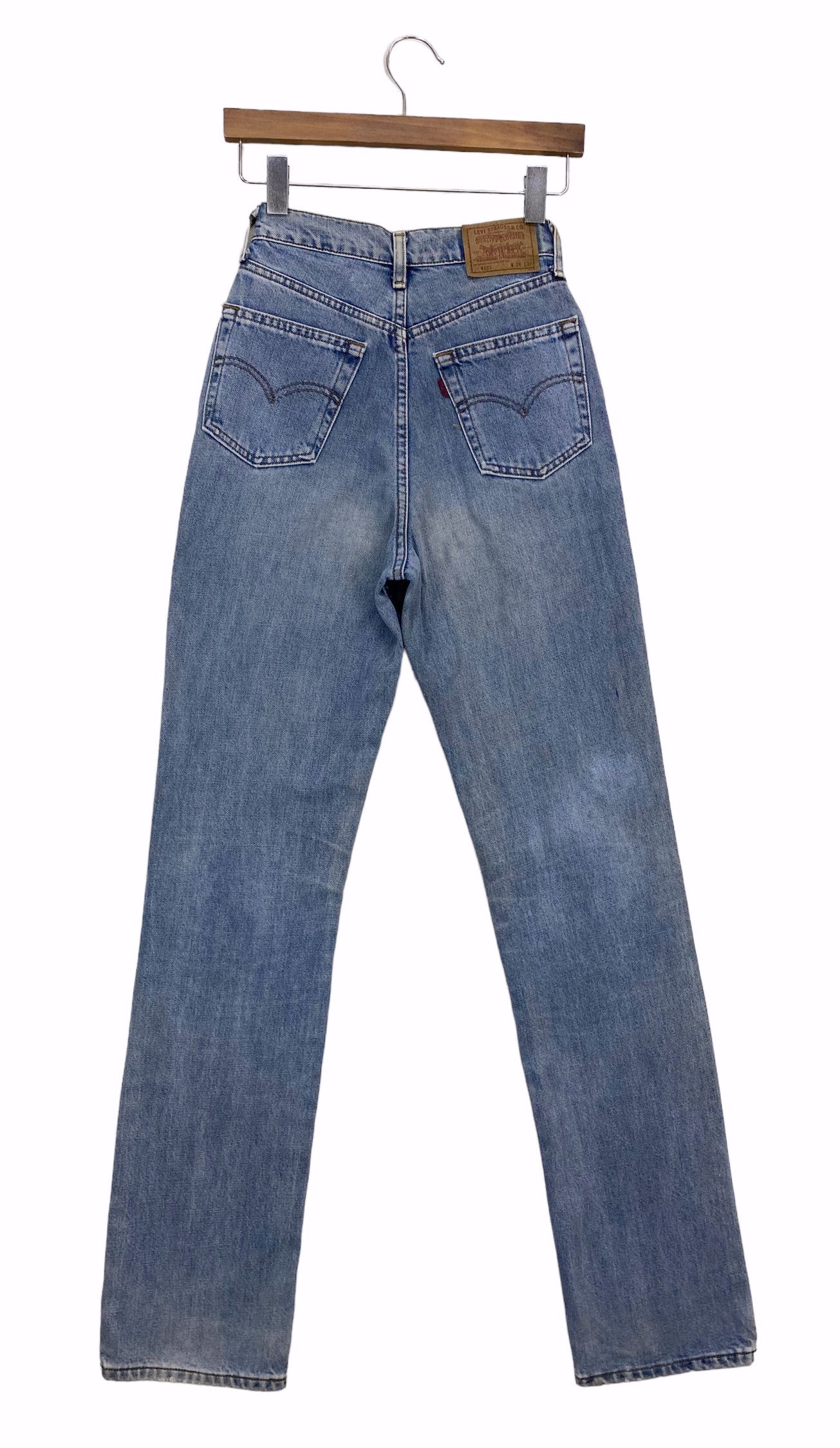 image of Distressed Denim x Levis 505 Jeans High Waisted Jeans Light Wash Jeans in Blue, Women's (Size 23)