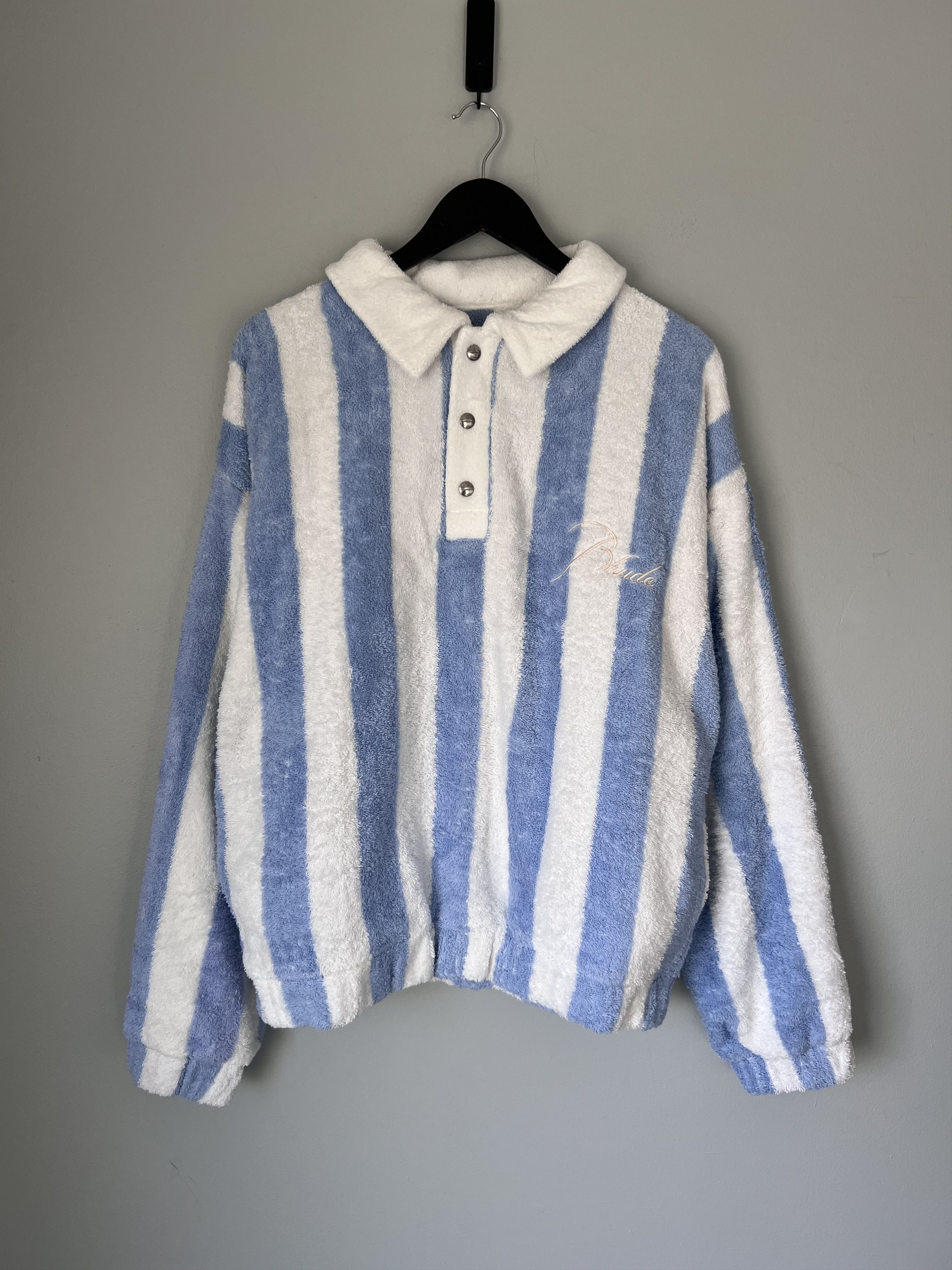 Rhude Rhude Striped Loop Terry Long Sleeve Polo in White Blue Size US L / EU 52-54 / 3 - 1 Thumbnail