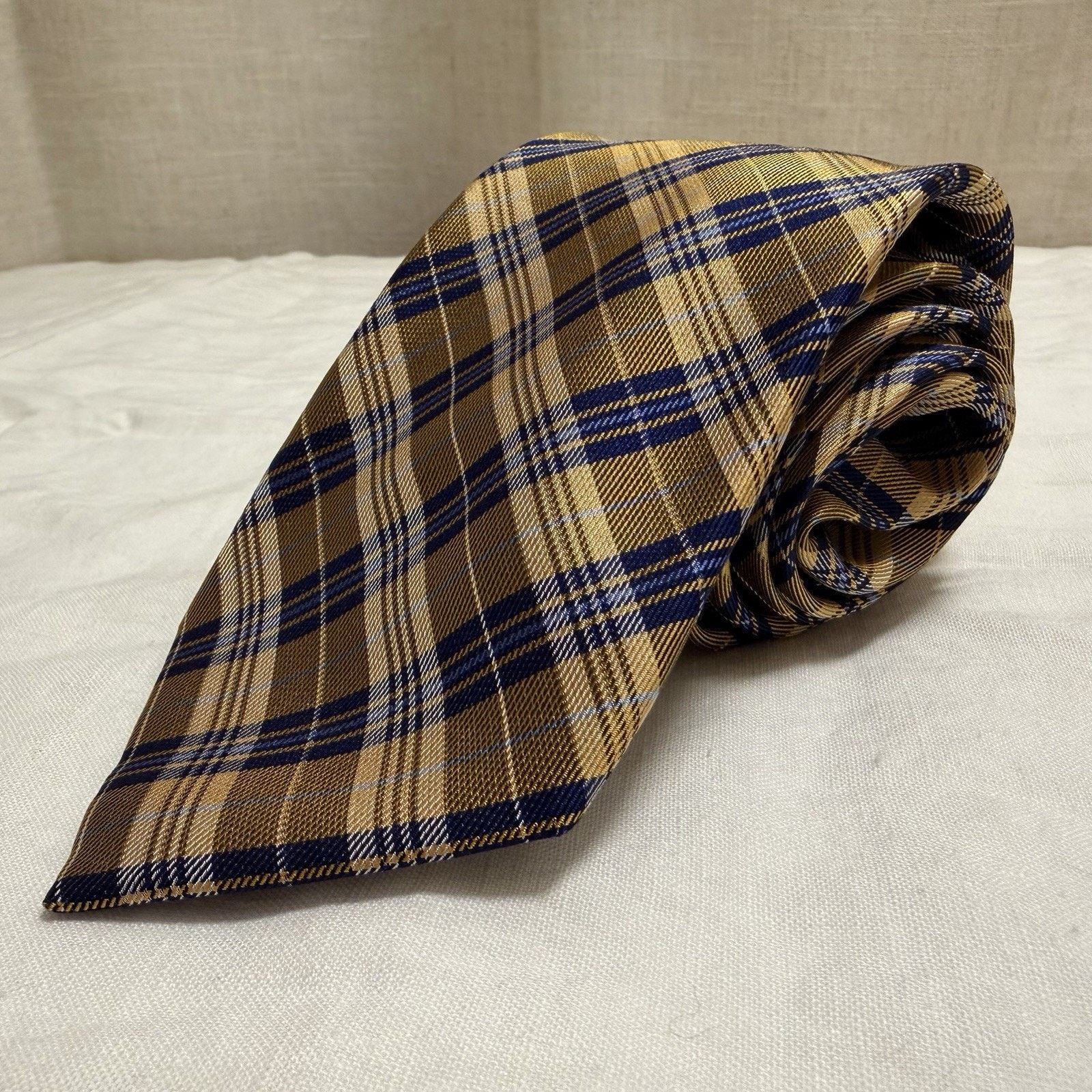 Countess Mara Countess Mara Gold/Navy Plaid Silk Tie – Crown Logo Classic Size ONE SIZE - 10 Thumbnail