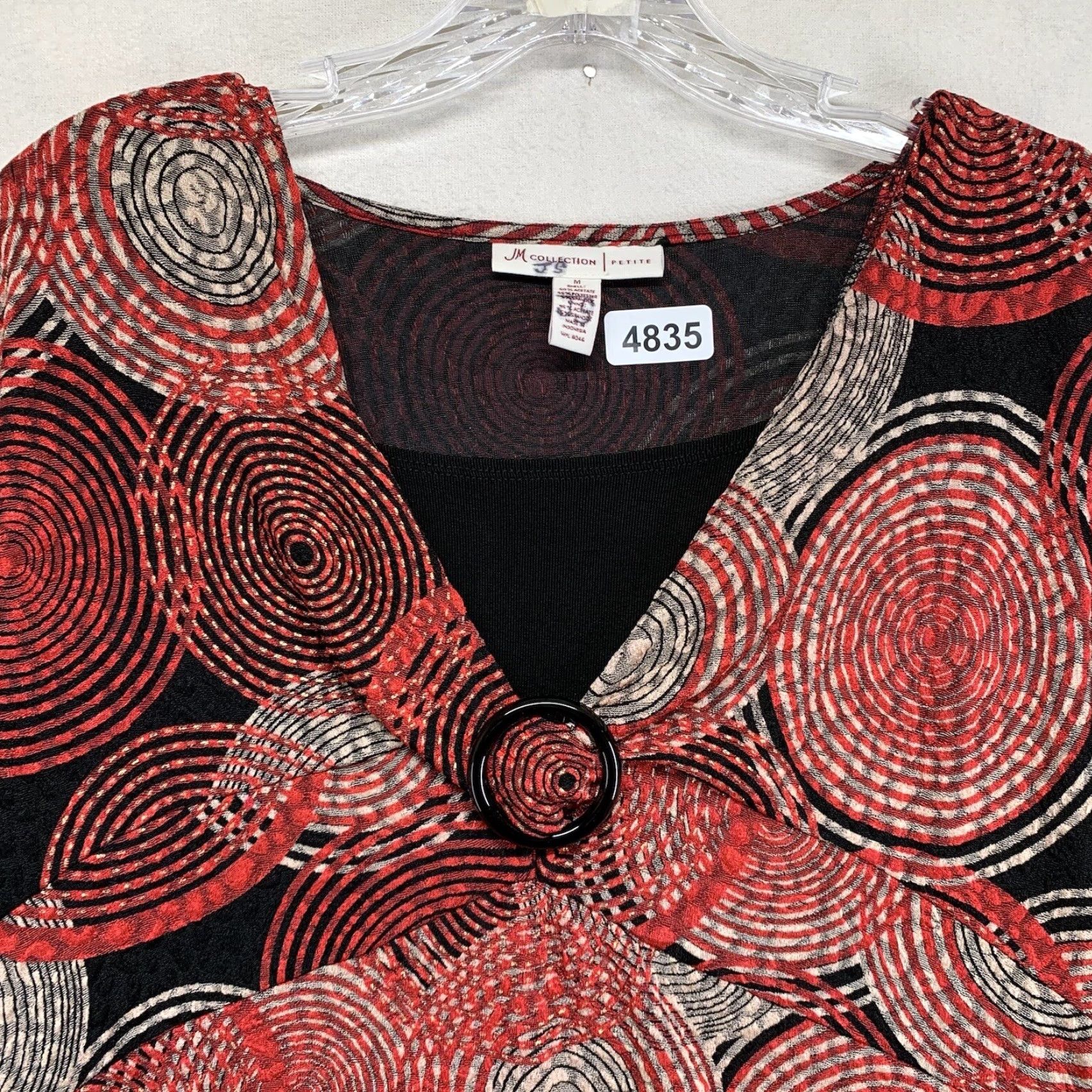 JM Collection JM Collection Womens Blouse Shirt Top Circle Ring Front V-Neck Long Sleeve Petite Medium Red Geometric Pattern Pullover Casual Party/Cocktail Womens Size M / US 6-8 / IT 42-44 - 2 Thumbnail