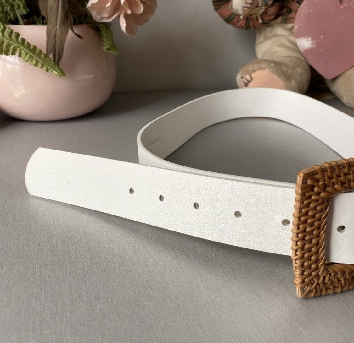 Other WHITE LEATHER WIDE WOVEN WICKER SQUARE BUCKLE BELT SZ M Size ONE SIZE - 3 Thumbnail
