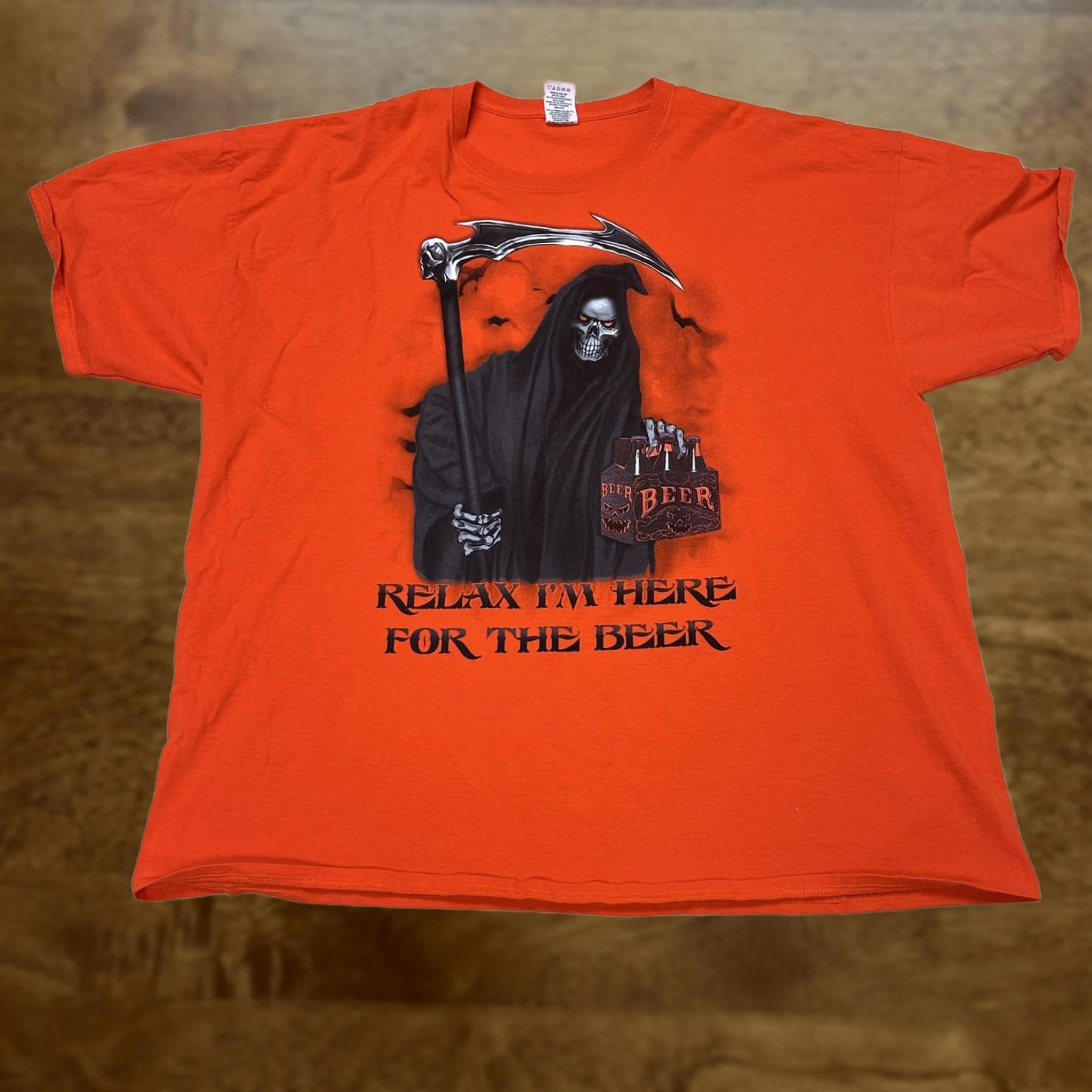 Vintage Y2K Happy Halloween Shirt Mens 3XL Orange Grim Reaper Beer Graphic Tee T-Shirt Size US XXL / EU 58 / 5 - 1 Thumbnail