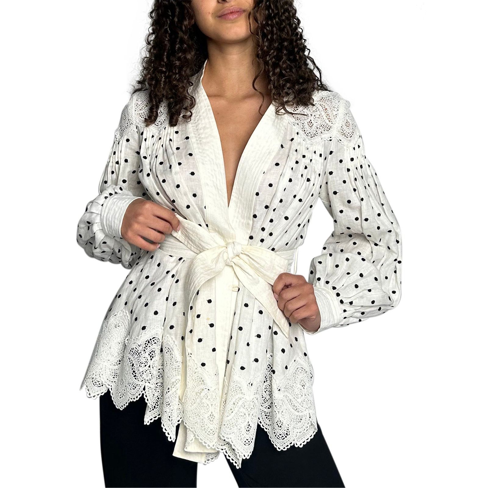Zimmermann White and Black Polka Dot Wrap Blouse with Lace Size S / US 4 / IT 40 - 2 Thumbnail