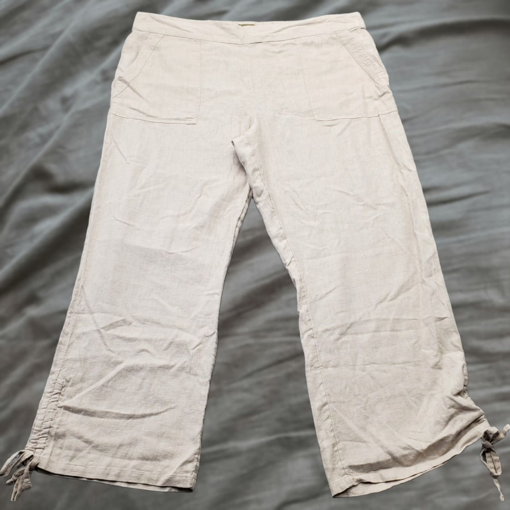 Vintage D&Co. Naturals Pants Womens XL Tan Linen Tie Ankle Elastic Waist Patch Pockets Size 40" / US 18 - 1 Thumbnail