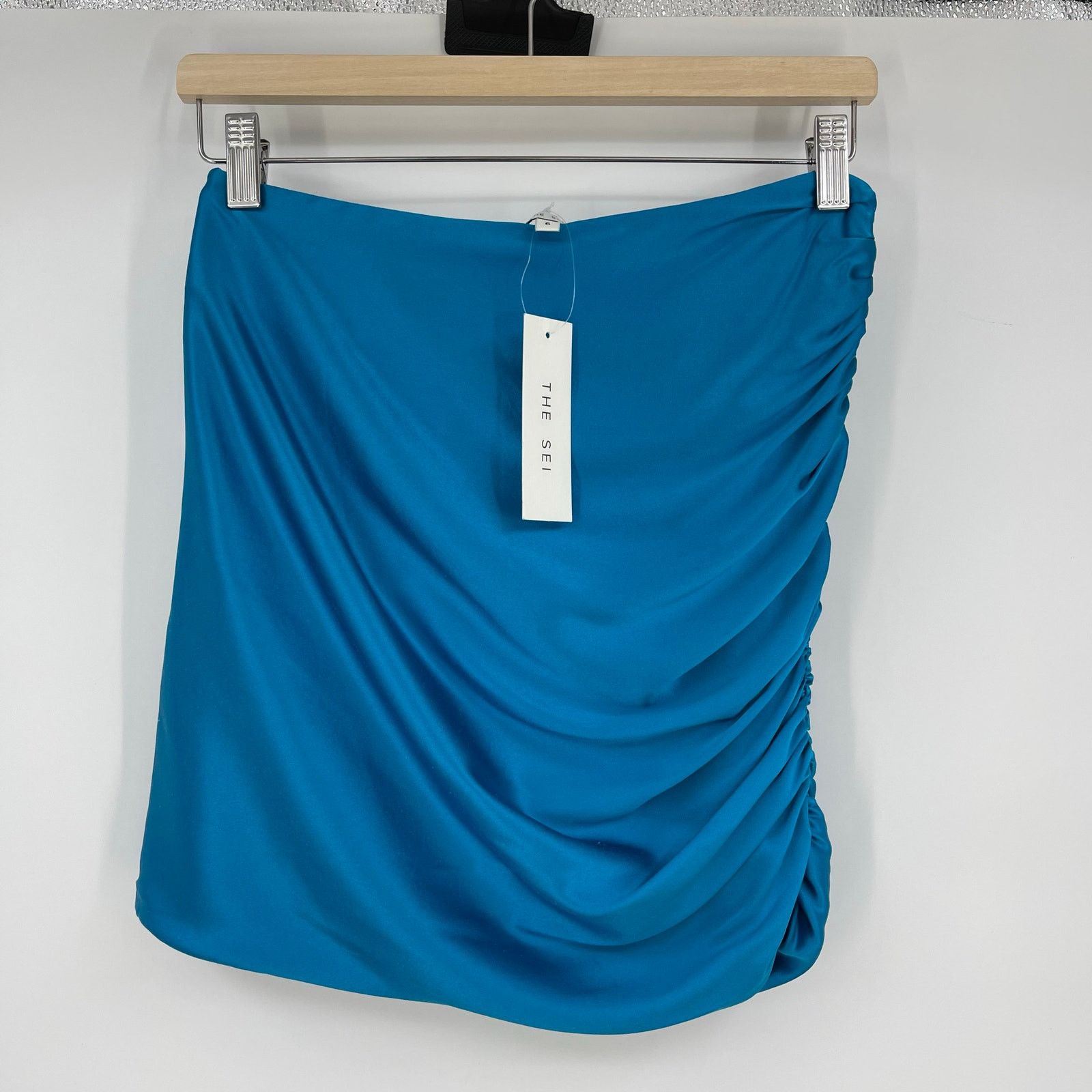 Other The Sei | Ruched Mini Skirt in Lake Teal Blue Silk 6 w/ Tags Size 28" / US 6 / IT 42 - 2 Thumbnail