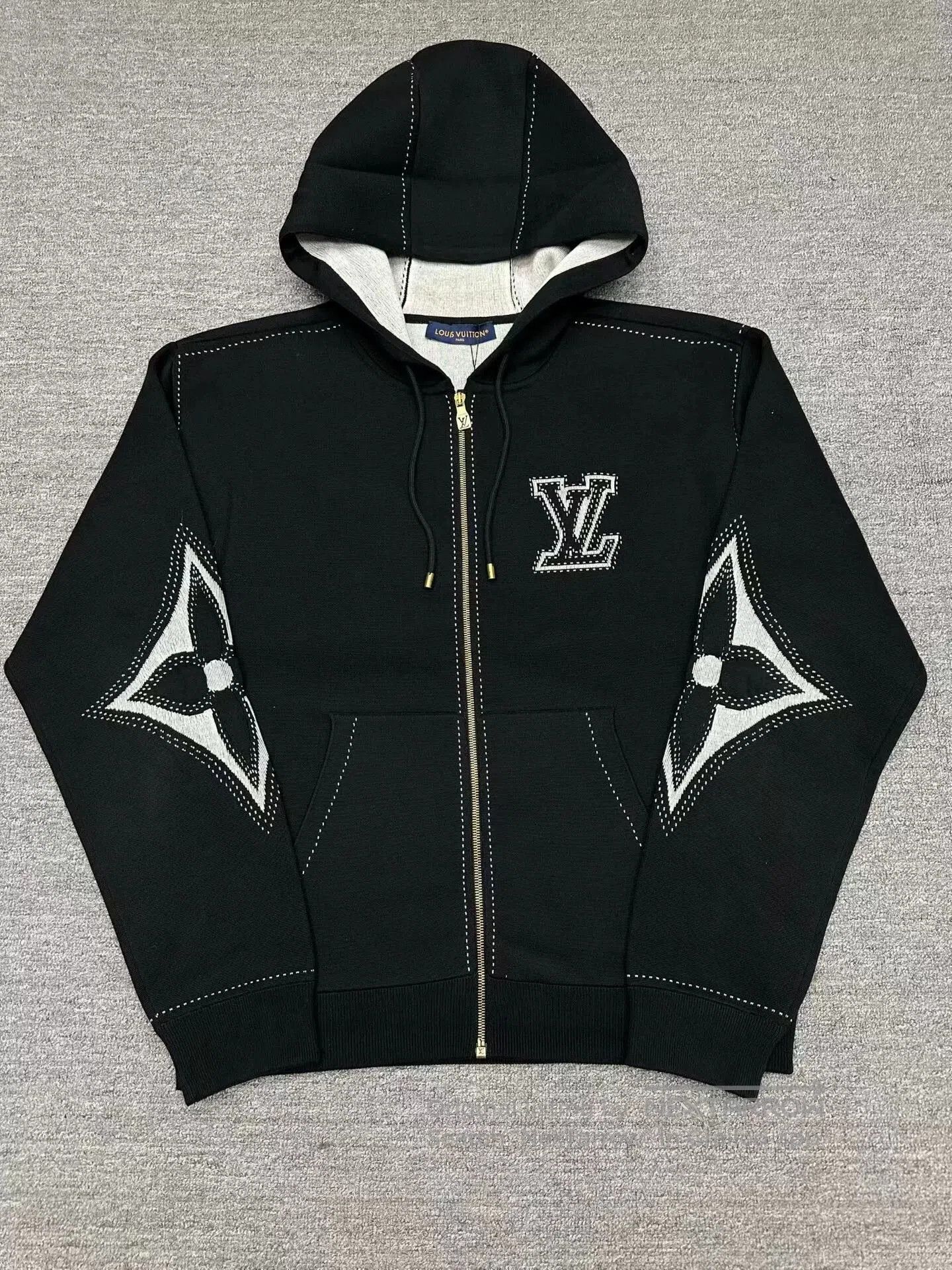louis vuitton black hoodie with logo details.
