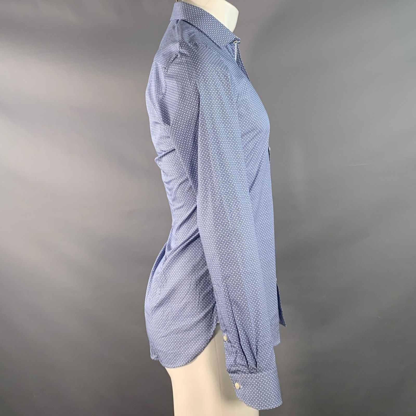 Ted Baker Blue White Woven Cotton Curved Cutaway Long Sleeve Shirt Size US S / EU 44-46 / 1 - 3 Thumbnail