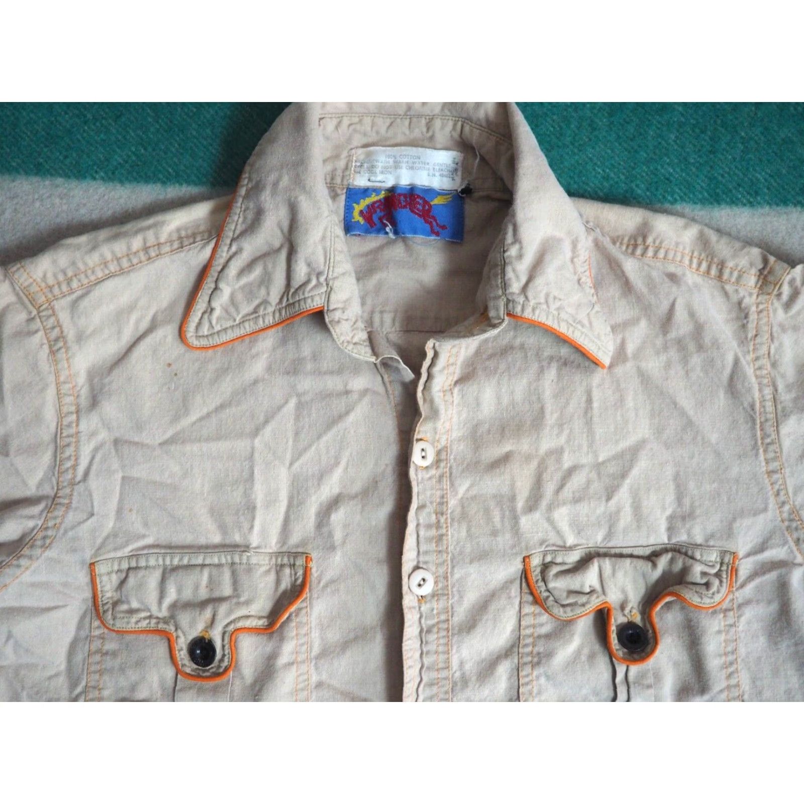Wrangler VINTAGE Wrangler Western Shirt Mens M Linen Beige Orange 1960s 70s Rockabilly Cowboy Button USA Size US M / EU 48-50 / 2 - 2 Thumbnail
