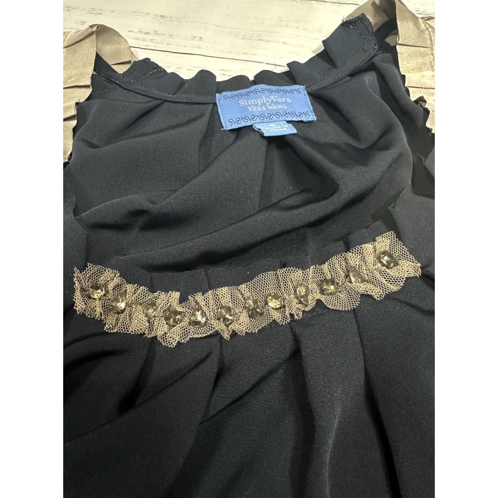 Vera Wang Vera Wang Navy Blue Gold Dress Fit & Flare Midi Short Sleeve Belted Rhinestone Lace Trim 8 Womens Dress Size M / US 6-8 / IT 42-44 - 7 Thumbnail