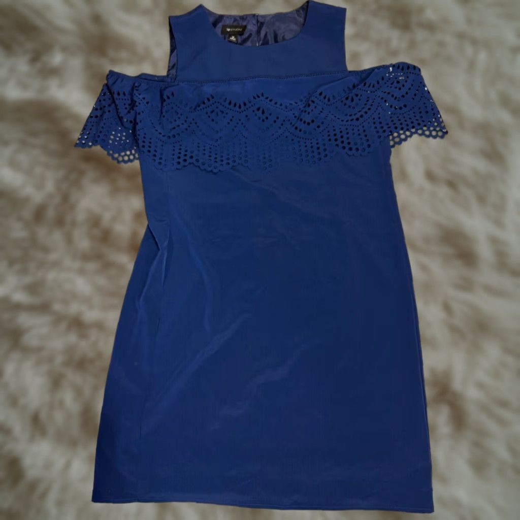 Vintage AB Studio Womens Tank Sheath Dress Size 10 Blue Off Shoulder Lace Panel Knee Length Dress Size L / US 10 / IT 46 - 1 Thumbnail