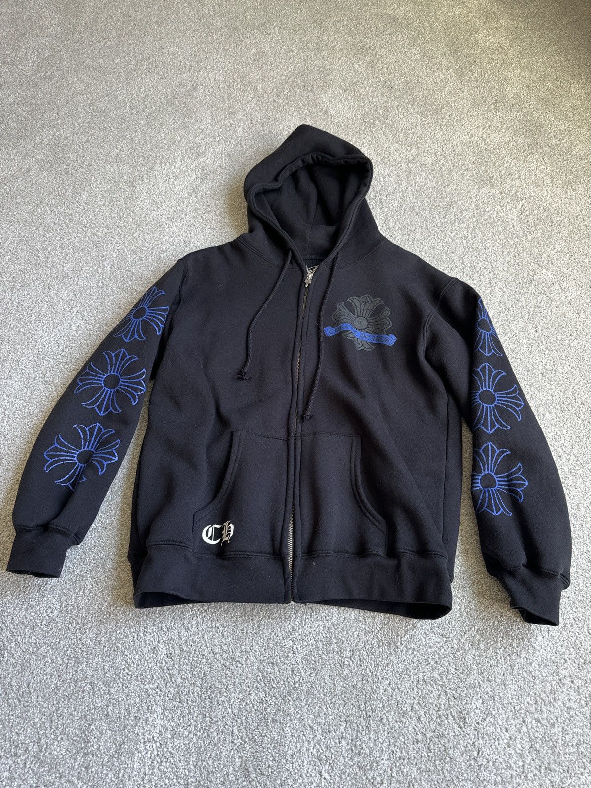 image of Chrome Hearts Vintage Thermal Blue Horseshoe Zip Hoodie in Black, Men's (Size Large)