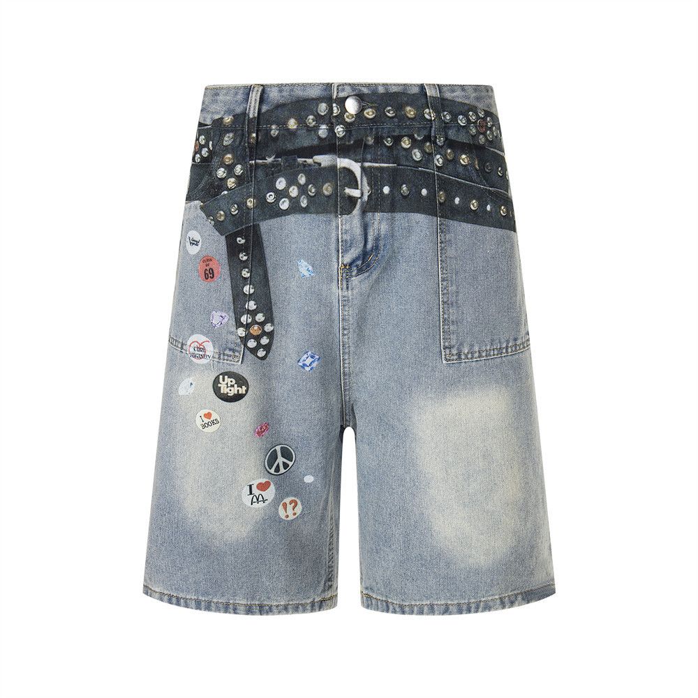 Japanese Brand × Vintage Hip-hop trend punk print rivet denim shorts y2k Size US 32 / EU 48 - 1 Thumbnail