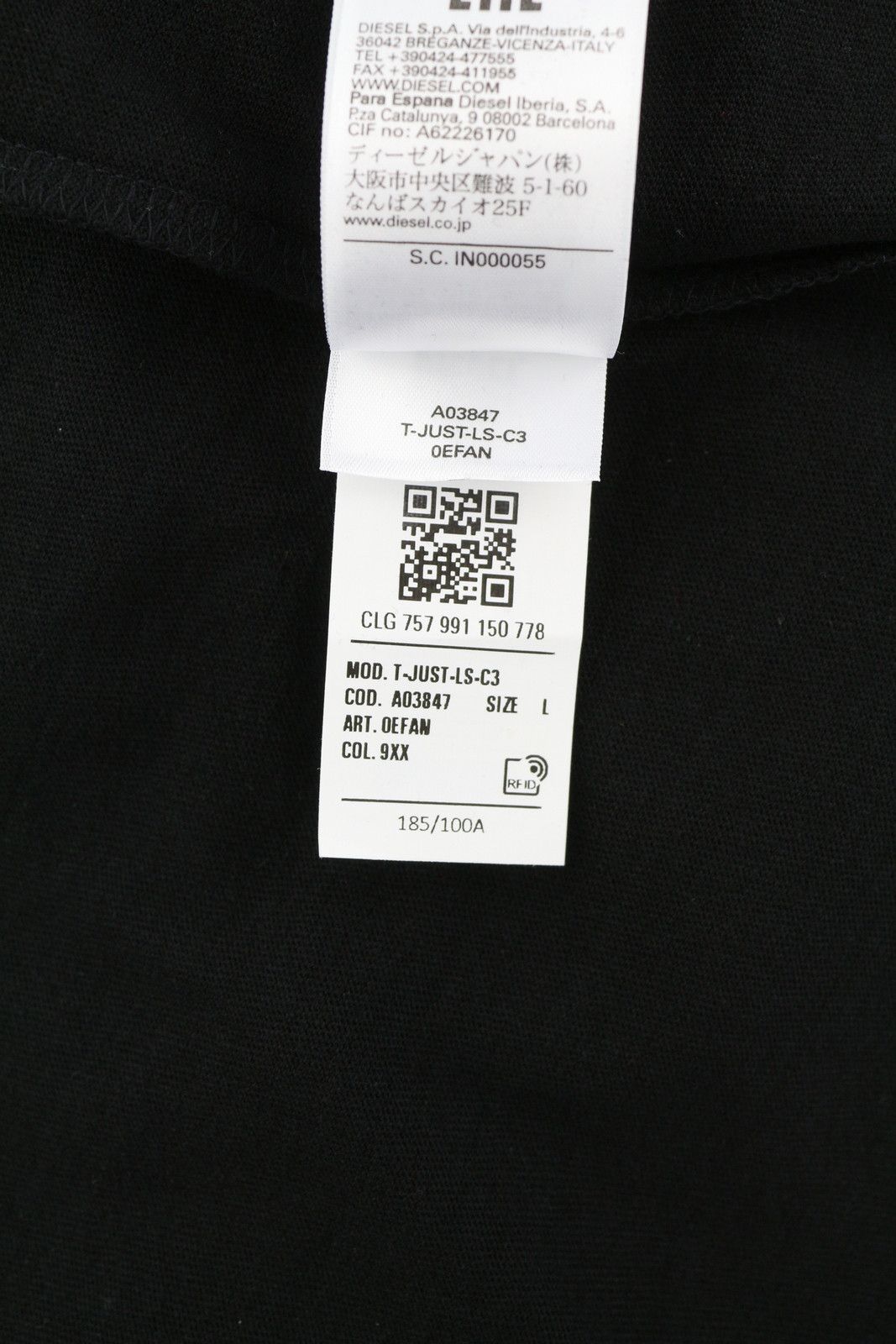 Diesel T-JUST-LS-C3 L Black Cotton Tricot Logo T-Shirt 40983 Size US L / EU 52-54 / 3 - 9 Thumbnail