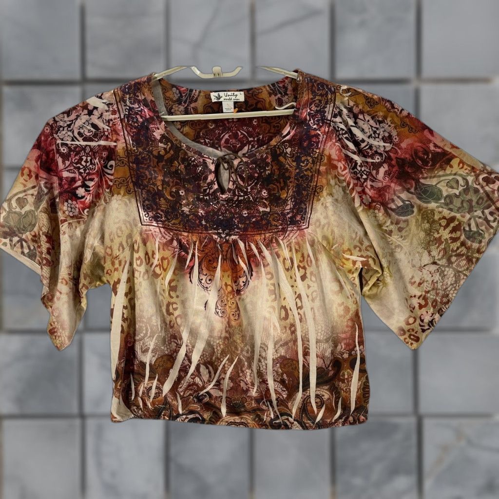 Vintage Unity World Wear Blouse Womens L Brown Short Sleeves Bohemian Fairy Paisley Round Neck Tunic Shirt Everyday Mens? Size L / US 10 / IT 46 - 1 Thumbnail