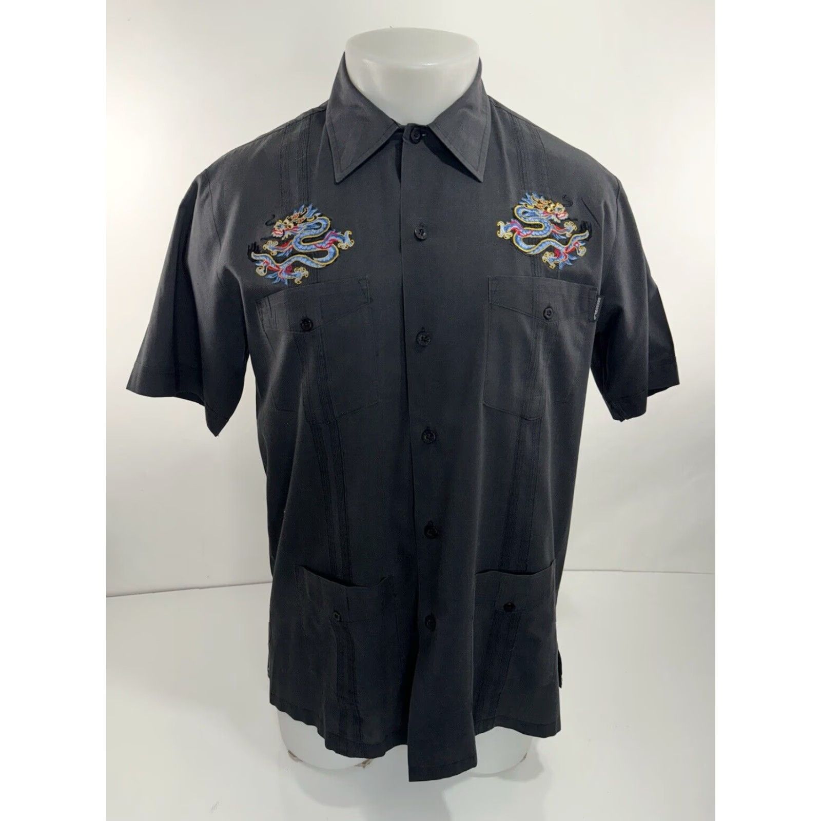 Vintage Dragonfly Gaucho Guayabera Embroidered ASIAN DRAGON Aloha Mens M Shirt Short Sleeve Dark Gray Mens Shirt Size US M / EU 48-50 / 2 - 2 Thumbnail