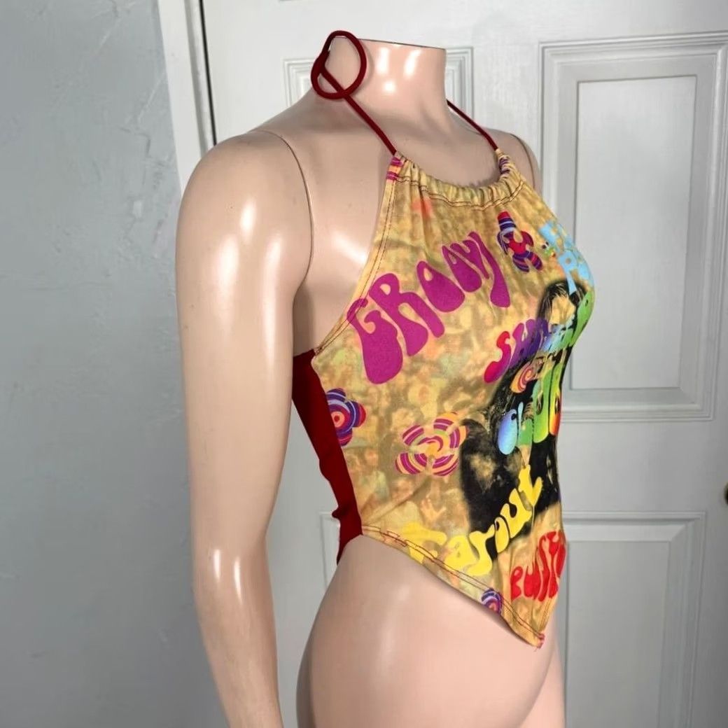 Vintage VINTAGE Dot Women's Shirt S Red Cropped Sleeveless Floral Knit/Polyester Blouse 70s Groovy Halter Top W3-3 Size S / US 4 / IT 40 - 5 Thumbnail