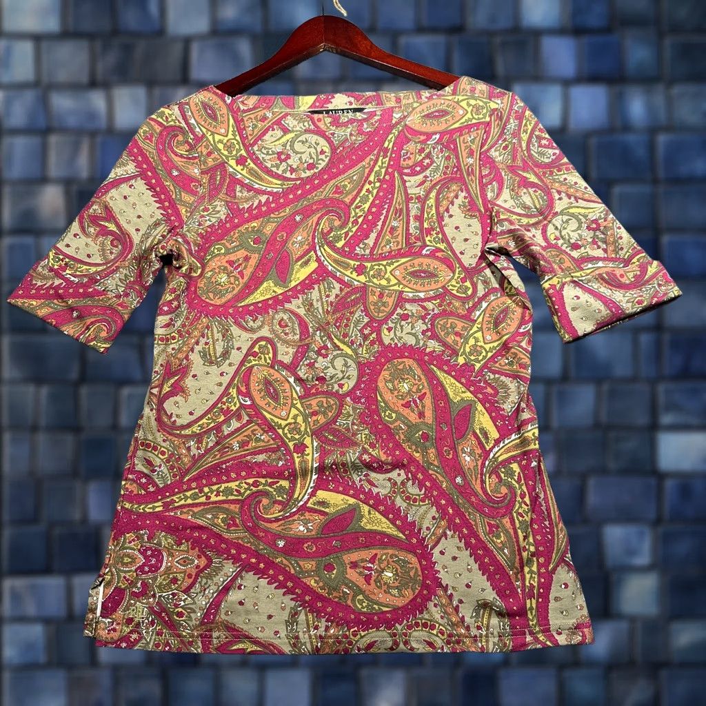 Ralph Lauren Ralph Lauren Black Label Knit Top Womens Medium Stretch Cotton 3/4 Cuffed Sleeve Boat Neck Multicolor Paisley Knit Pullover Shirt M Womens Size M / US 6-8 / IT 42-44 - 1 Thumbnail