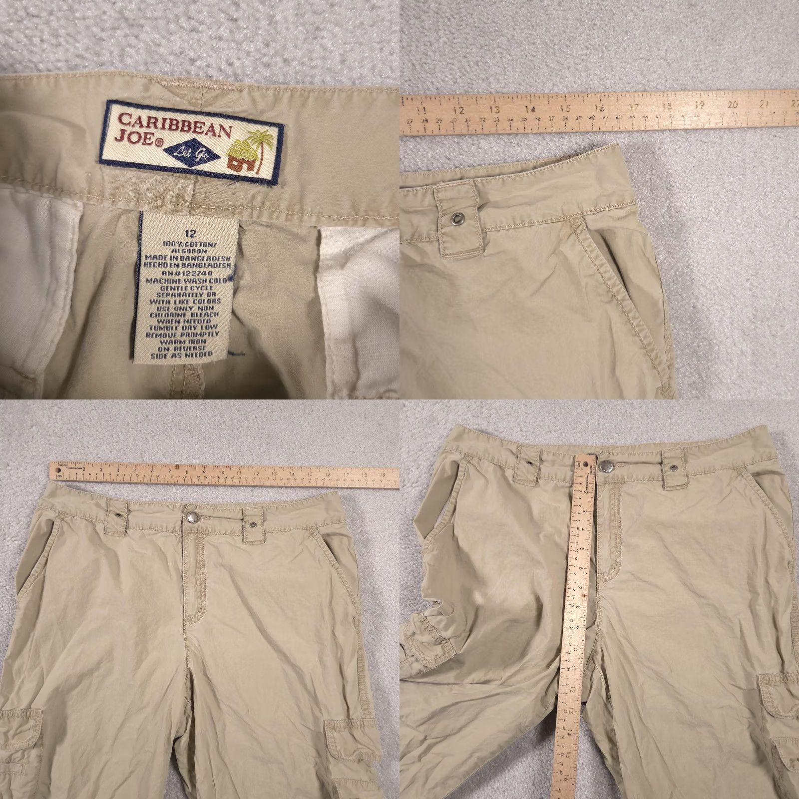 Vintage Caribbean Joe Pants Womens 12 Khaki Cargo Capri Cropped Drawstring Hem Pockets Size 34" / US 12 / IT 48 - 8 Thumbnail