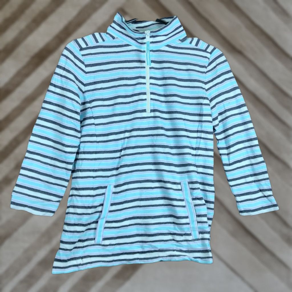 Talbots T by Talbots Womens Sweater Blue Multicolored Striped Petite 1/4 Zip Pullover Pockets Size XXS / US 00 / IT 34 - 1 Thumbnail