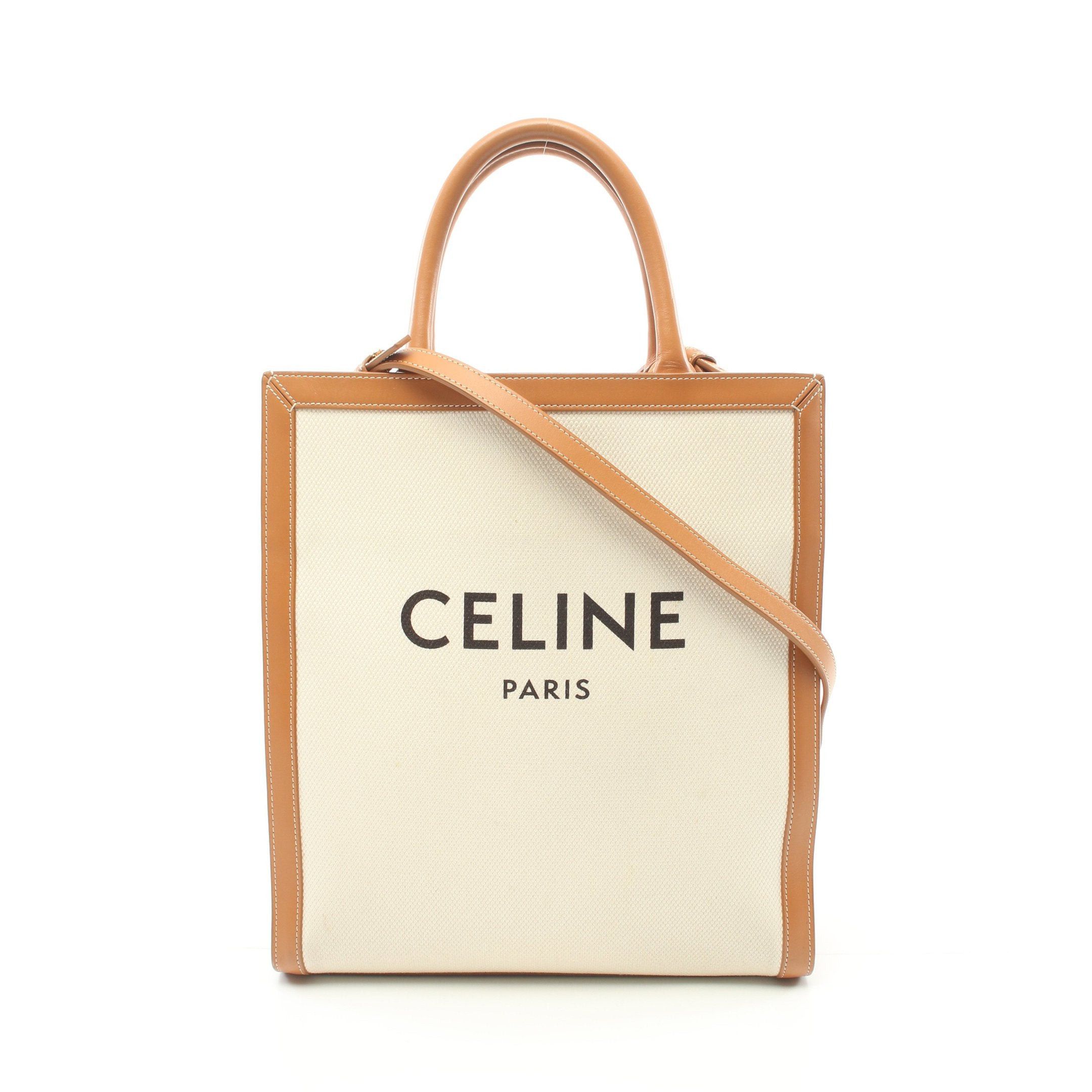 image of Celine Small Vertical Hippopotamus Handbag Tote Bag Canvas Leather Off White Light Brown 2Way, Wome