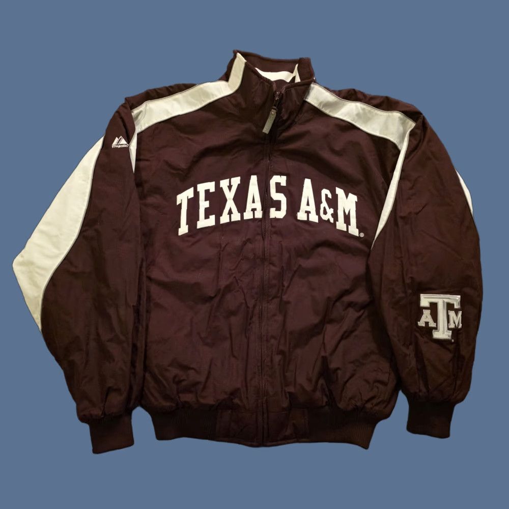 VINTAGE Majestic Texas A&M Full Zip Fleece Lined Bomber Jacket Embroidered Red Large Mens