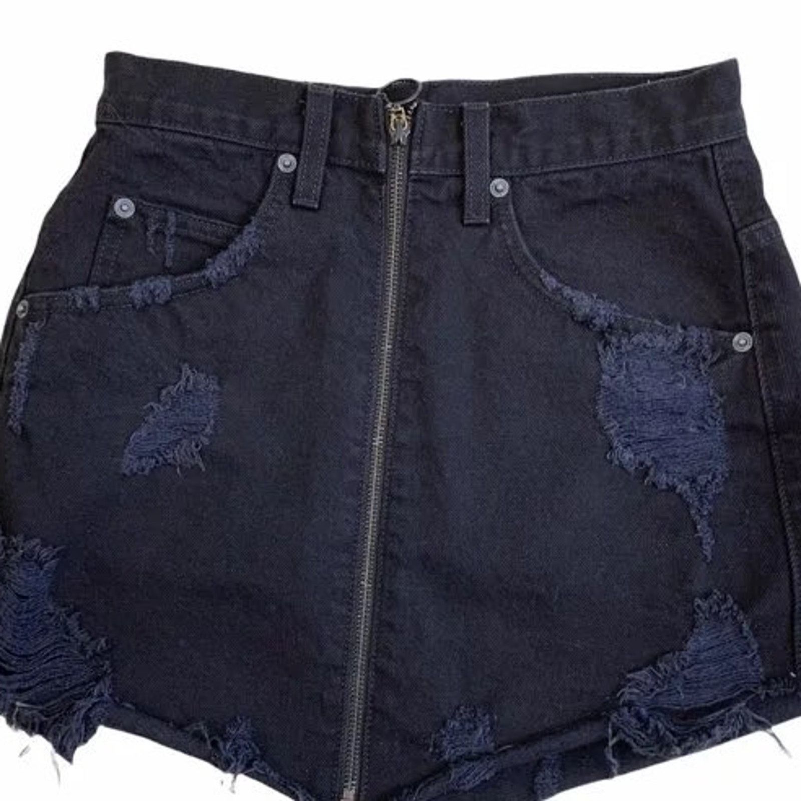 Other Carmar Women's XS Distressed Mini Skirt Black Denim Full Zip Size 26" / US 2 / IT 38 - 2 Thumbnail