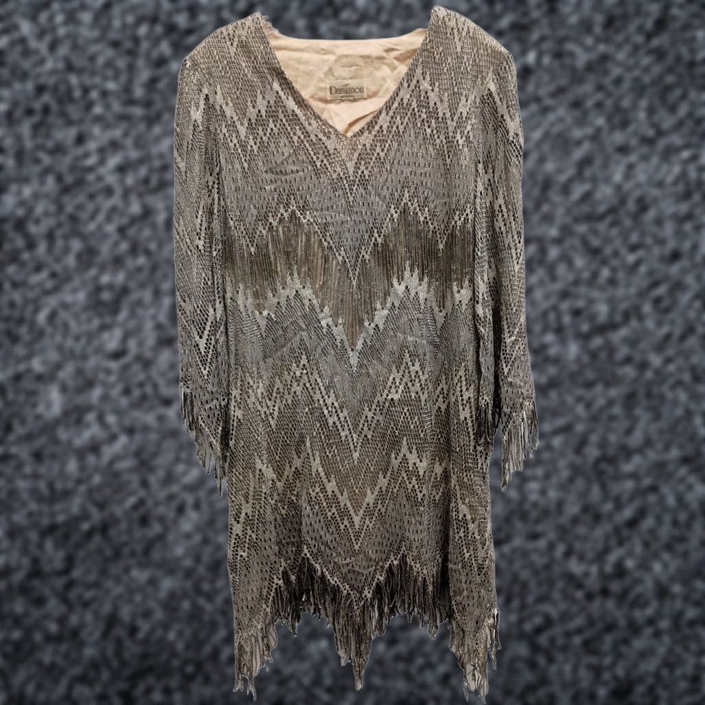 Vintage VINTAGE Damianou Mini Dress Women M Silver Metallic Lace Fringe Glam Formal 70s Flapper Great Gatsby Night Party Cocktail Wedding Womens Size M / US 6-8 / IT 42-44 - 1 Thumbnail