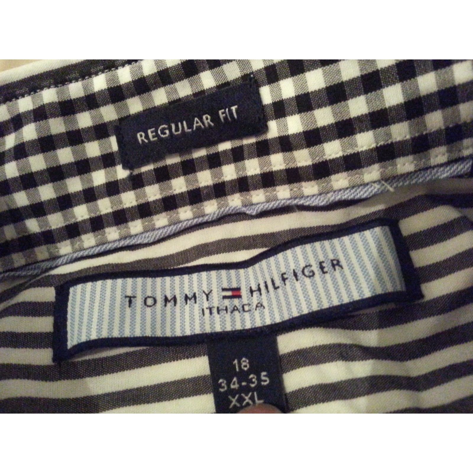 Tommy Hilfiger VINTAGE Tommy Hilfiger Dress Shirt Navy Blue Stripes Cotton 2XL 18 34 35 Button Mens Shirt (Note: If not vintage, remove VINTAGE accordingly) Size 48R - 4 Thumbnail