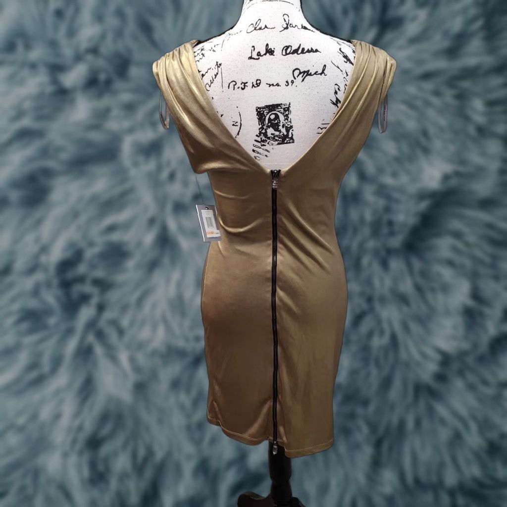 Vintage Andrew Marc New York Womens 2 Gold Sleeveless Ruched Waist Sheath Dress Midi Back Zip V-Neck Shirt Dress Size XS / US 0-2 / IT 36-38 - 1 Thumbnail