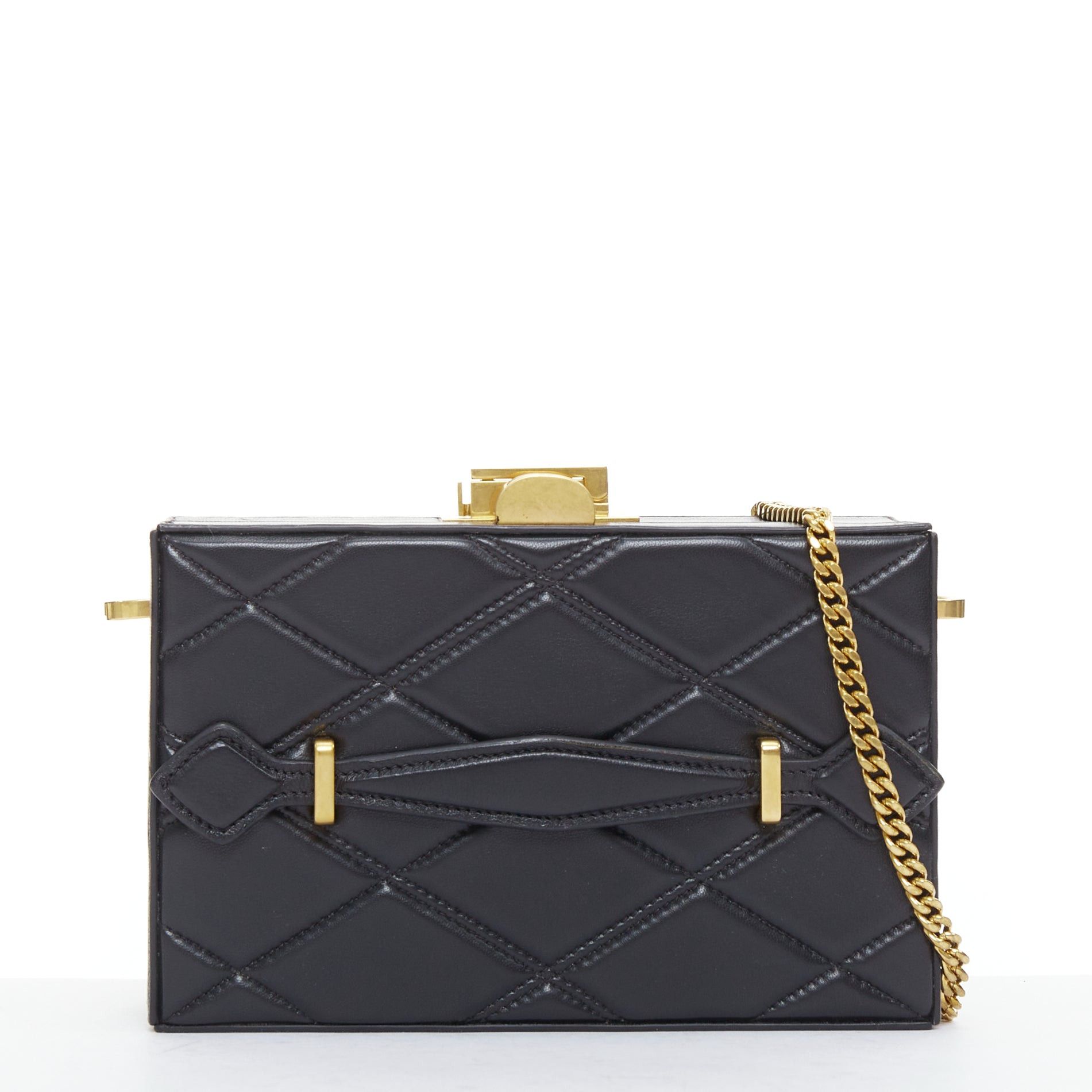 Oscar De La Renta OSCAR DE LA RENTA Alibi Minaudiere black leather gold hardware box clutch Size ONE SIZE - 1 Thumbnail