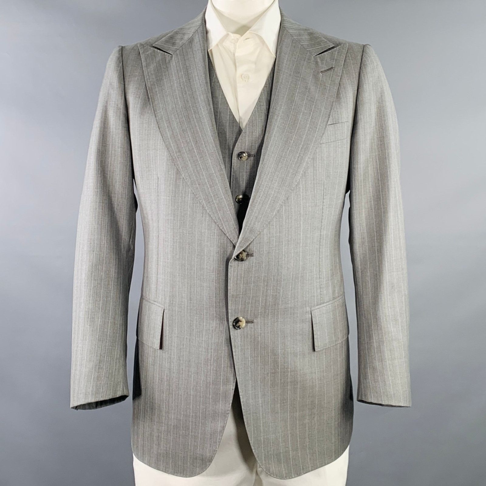 Other Grey Brown Pinstripe Single Breasted Sport Coat Vest Set Size 44R - 1 Thumbnail