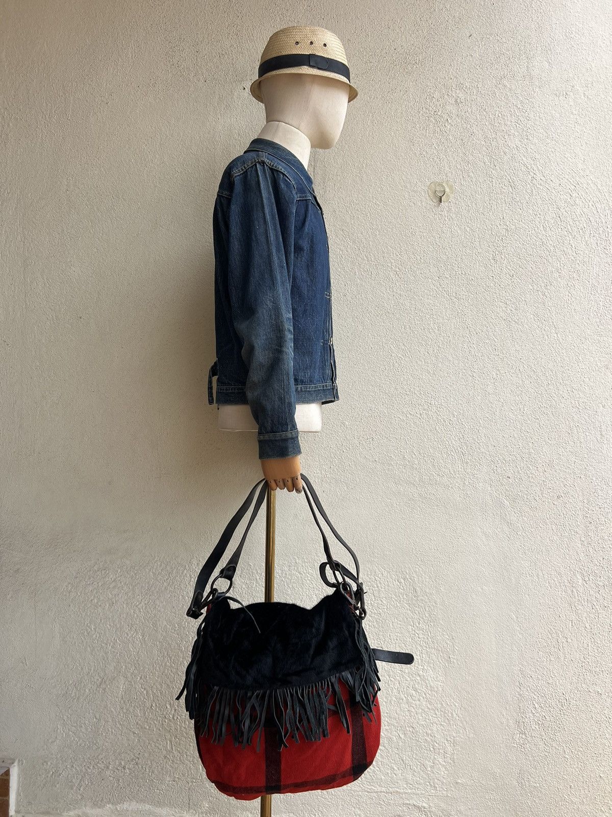Leather Vintage Ralph Lauren Checks Wool Fringe Leather 2 Way Bag Size ONE SIZE - 4 Thumbnail