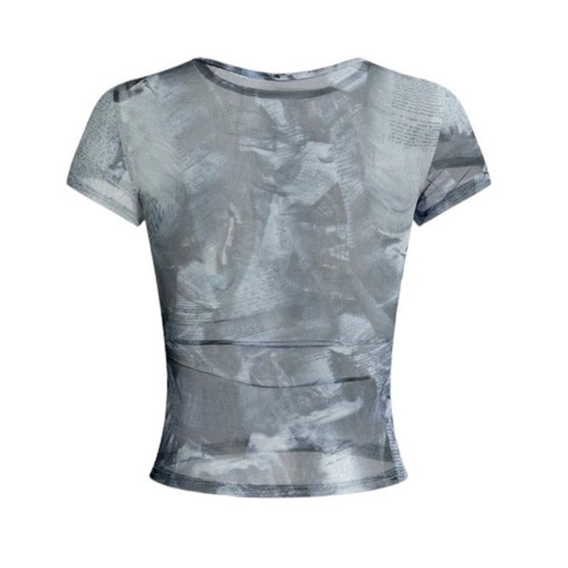 Other Micas Gray Melange Newspaper Pattern Mesh Sheer Mesh T-Shirt Size L / US 10 / IT 46 - 2 Thumbnail